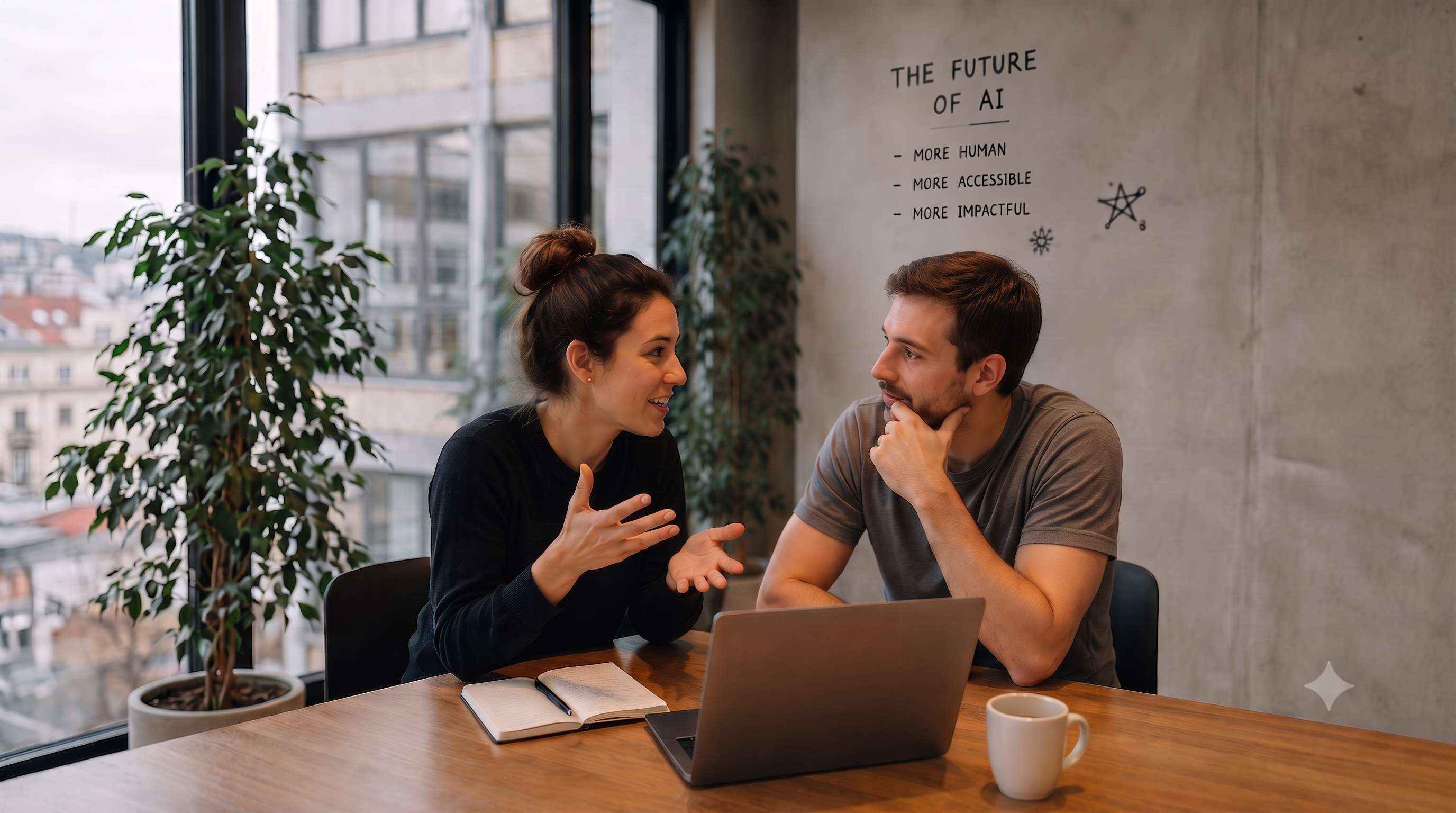 Zwei Menschen im Gespräch an einem Tisch mit Laptop, vor einer Wand mit der Aufschrift «The future of AI»