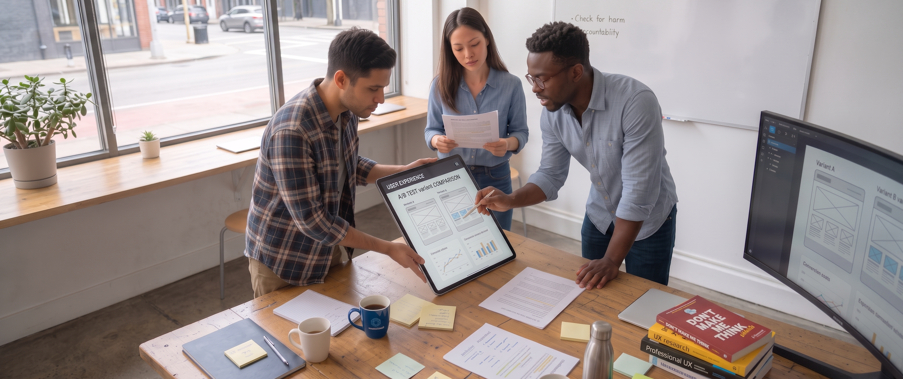 Three colleagues around a table reviewing a draft on a tablet, surrounded by printouts, sticky notes and a whiteboard